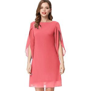 Boat Neck Chiffon Dress: Small, 3/4 Sleeve, Zip Closure, Color Rose